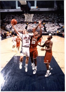 As a UConn guard, Sheffer averaged five assists and thirteen points per game, hit 40 percent of his three-point attempts and led the Huskies to a sparkling 89-13 record. Photo: University of Connecticut Communications Department
