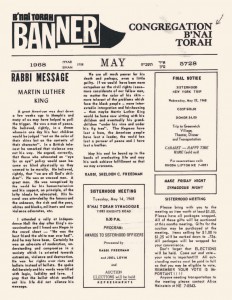 A 1968 shul bulletin with a eulogy for Martin Luther King on the front page. The bulletin is from Congregation B’nai Torah of Philadelphia, an Orthodox shul.