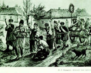 During the second half of the nineteenth century, Ukrainian wedding celebrations would extend for a number of days and on the last day of the celebration, it was the custom that parents be wheeled on a wagon to the local inn where they would frolic with their friends and family. "Woodcut from a painting," by Heorhii Bilashchenko, dated 1889, shows the parents being wheeled around the village wearing wreaths on the last day of the wedding celebration. Courtesy of the Ukrainian Museum and Library of Stamford, Connecticut/Lubow Wolynetz, curator and librarian 