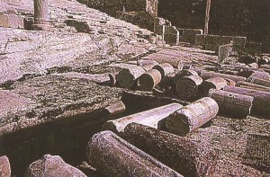 (Plate #13) Drums of columns lie scattered about in front of the Southern Wall.