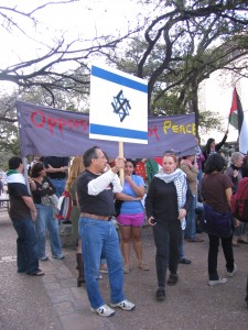 Anti-Semitism on campus is undoubtedly on the rise, and campus groups are growing bolder each day. Pictured above: a counter-demonstration to a pro-Israel, pro-peace event at the University of Texas at Austin. The pro-Israel event was sponsored by the University of Texas Hillel. Courtesy of the University of Texas Hillel and ADL