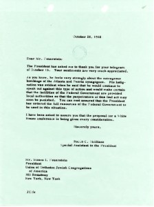 Correspondence between OU President Moses Feuerstein and US President Dwight Eisenhower in 1958 about convening a conference that would “stress upon the uncommitted peoples of this globe the freedom, the equality and tolerance prevailing in the United States of America.” Courtesy of Dwight D. Eisenhower Presidential Library and Museum