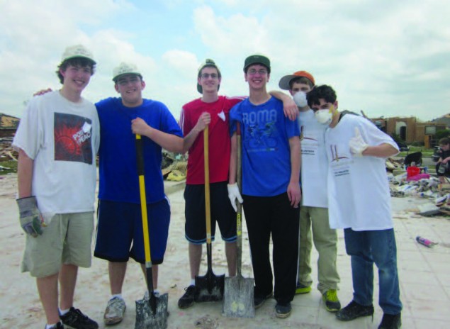 Shortly after the tornado, thirty-eight SouthWest NCSYers drove to Moore, Oklahoma, to help clean up debris and give support to local families whose homes were damaged by the devastating tornado. From left: Ari Geller, Ethan Pearson, Ori Guttman, Noah Weiss, Jordan Cope and Sammy Weiser.  Photo: Valerie Lopez 