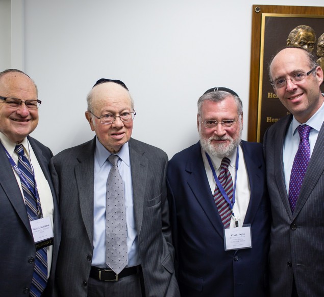 OU officers celebrate the newly renovated OU headquarters in downtown Manhattan. From left: OU President Martin Nachimson; Moses Marx, landlord; OU Executive Vice President Allen I. Fagin, and Chair of the OU Board of Directors Howard Tzvi Friedman. Photo: Kruter Photography