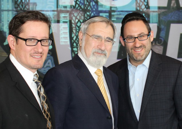 Outside of NYU after a leadership event featuring Rabbi Lord Jonathan Sacks and Dr. Erica Brown. From left: Rabbi Avi Heller, OU Regional Director for Synagogues, New Jersey and Rockland County; Rabbi Lord Jonathan Sacks; and Rabbi Dovid Cohen, OU Regional Director for Synagogues, Manhattan, Bronx, Westchester and Connecticut. Photo: Gavriel Bellino