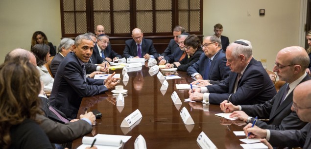 OU Executive Vice President Allen I. Fagin with other American Jewish leaders at a meeting with President Barack Obama. Mr. Fagin is seated on the right-hand side, second from the end. Courtesy of the White House/Pete Souza