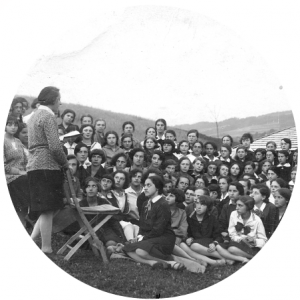 Pupils in the Bais Yaakov religious girls’ seminary of Krakow during a visit to Rabka, Poland, interwar period. Courtesy of the Ghetto Fighters’ House Archive