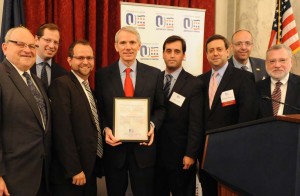 US Senator Rob Portman (R-OH) receives an award of recognition during the mission. Pictured left to right: OU President Martin Nachimson; Chairman, OU Advocacy Yehuda Neuberger; Director of State Political Affairs, OU Advocacy Maury Litwack; Senator Portman; President of Fuchs Mizrachi School in Beachwood, Ohio, Jeffrey Wild; Executive Director, OU Advocacy Nathan Diament; Chairman, OU Board of Directors Howard Tzvi Friedman, and OU Executive Vice President and CEO Allen Fagin. 
