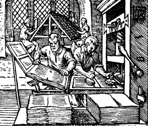 A woodcut from 1568. The printer on the left is removing a page while the other one inks the text-blocks. Courtesy of Wikimedia Commons